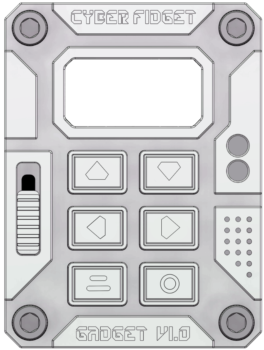 Cyber Fidget face-on: screen, slider, six buttons, speaker grille